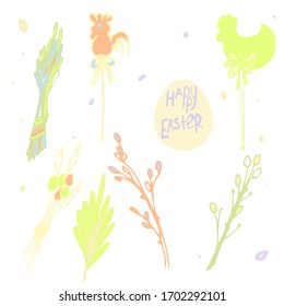 Set of the Holy Easter elements. Hand drawn vector illustration palm rooster candy lollipop egg of pastel colors. Catholic and Russian orthodox church traditions and customs. Great christian holiday.