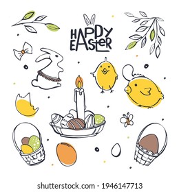 Set of the Holy Easter elements. Hand drawn vector illustration palm rooster  egg of pastel colors. Catholic and Russian orthodox church traditions and customs. Great christian holiday.