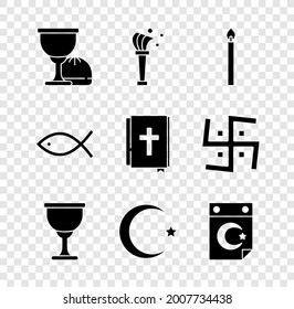 Set Holy grail or chalice, Aspergillum, Burning candle, Star crescent, Christian fish and bible book icon. Vector