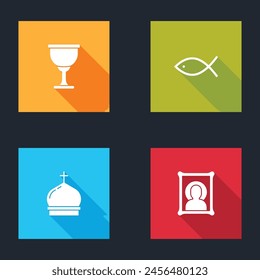 Set Holy grail or chalice, Christian fish, Church tower and icon icon. Vector