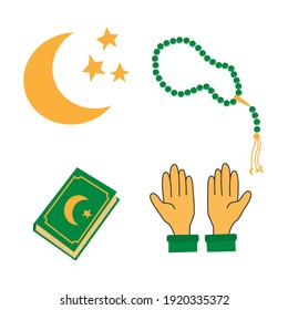 Set of holy Ramadan Kareem elements koran, pray hands, moon and praing beads. Muslim festival Ramazan. Eid mubarak, Islamic celebration icons. Isolated on a white background. Flat vector illustration.