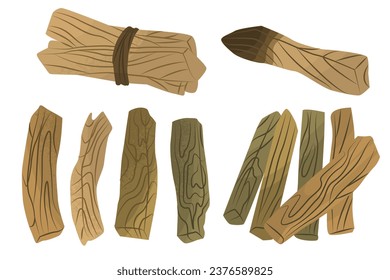 Set with Holy sacred Palo Santo incense sticks. The practice of cleansing by burning incense. Maintaining life balance, replenishing energy. Vector illustration isolated on white background.