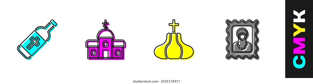 Set Holy water bottle, Church building, tower and Christian icon icon. Vector