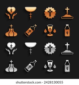 Set Holy water bottle, Grave with cross, Christian chalice, Church tower, Religious in heart and on chain icon. Vector