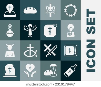 Set Holy water bottle, Online church pastor preaching, Jesus Christ, Christian cross, Angel, Location building and  icon. Vector