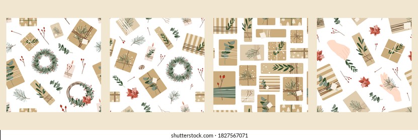Set of holyday seamless patterns: Christmas presents in kraft paper and wreaths. Rustic gift box. Eco decoration, eucalyptus, spruce. Xmas and New 2021 Year celebration preparation. Vector flat art