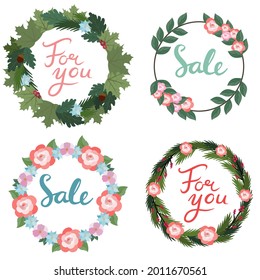 Conjunto de jornadas de fiesta y carteles de bienvenida. Ilustraciones vectoriales con flores, hojas ramas y texto t. Es bueno para tarjetas de felicitación, baners y complementos. 