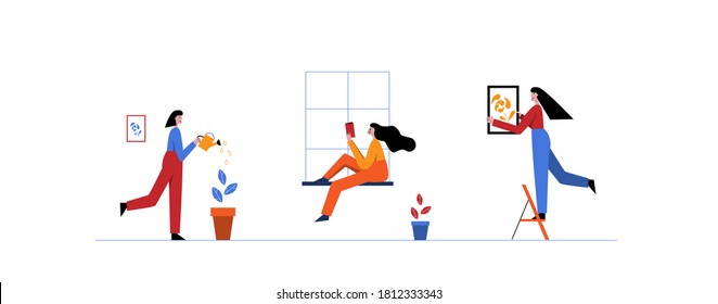 Set of home activities. Home isolation concept. Modern vector illustration.