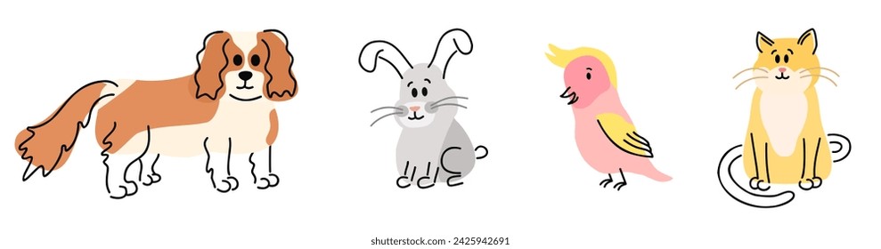 Eine Reihe von Haustieren in einem handgezeichneten cartoonischen Stil. Charaktere sind ein Hund, ein Hase, ein Papagei und eine Katze. 