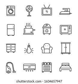 Set of home appliance and furniture icons in thin line style isolated on white background 