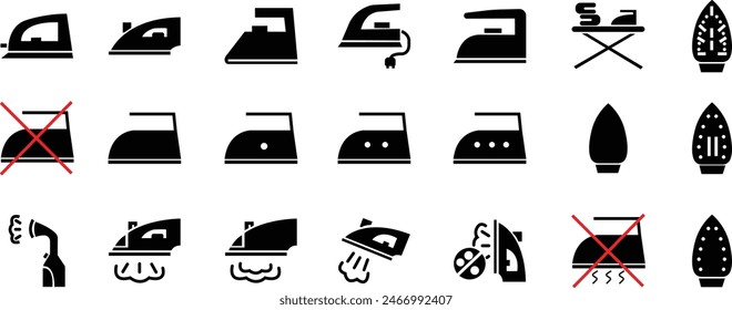 Set of Home appliance, Steam generator irons. Iron and No Iron fill icons. Fill vectors illustration for web sites or mobile apps. Laundry items symbols collection isolated on transparent background.