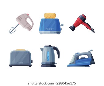 Set of home appliances. Mixer, toaster, hairdryer, kettle, iron cartoon vector illustration