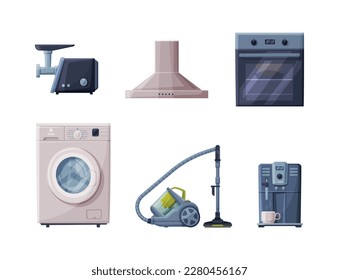 Set of home appliances. Vacuum cleaner, meat grinder, oven, washing machine, vacuum cleaner, coffee machine cartoon vector illustration