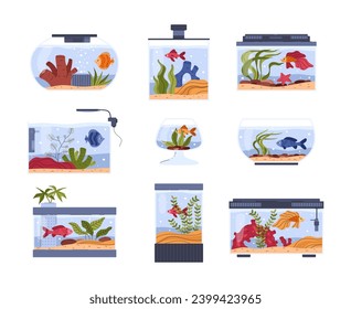 Conjunto de acuarios domésticos de diferentes formas de estilo plano, ilustración vectorial aislada en fondo blanco. Recogida de elementos de diseño, mascota de pescado, algas marinas y decoración