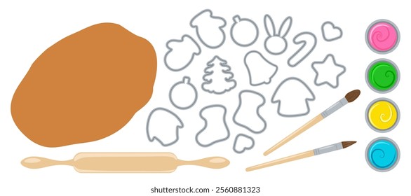 Set for home baking and coloring delicious holiday traditional cookies. Rolling pin, rolled out dough, molds, bright colors, brushes. Vector elements isolated on the background.