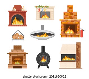 Juego de chimeneas de ladrillo y metal para el hogar con fuego quemado, falsificación, decoración de Navidad y graduación. Chimenea interior, Fireside de época y moderna, sistema de calefacción, elementos de diseño. Ilustración del vector de dibujos animados