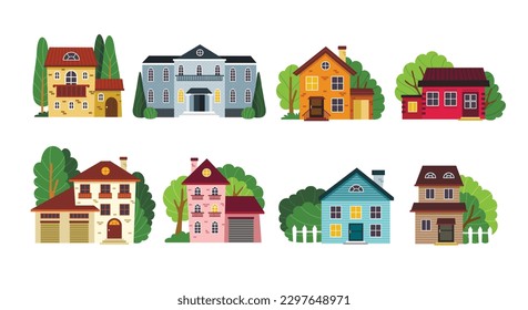 Set of home buildings. Icons or stickers with town or rural houses with balconies, roofs and chimneys. Village neighborhood or cityscape. Cartoon flat vector collection isolated on white background