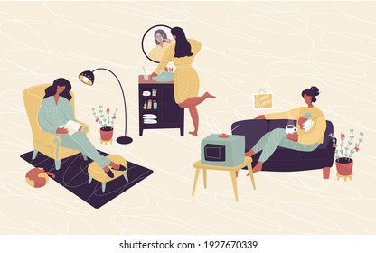 Set with home casual situations. Woman is reading with cat, girl is watching tv, girl is making face mask. Vector illustration. Everyday actions, daily routine, habits, stay home, relax, lifestyle.