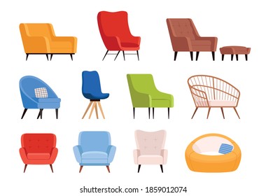 Set of home chairs in different colors and shapes. Upholstered furniture for comfort and decoration - Shutterstock ID 1859012074