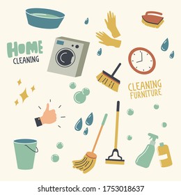 Set of Home Cleaning Equipment, Furniture and Accessories Washing Machine, Rubber Gloves and Basin, Broom, Mop and Brush with Bucket, Sprayer, Detergent, Bubbles and Clock. Linear Vector Illustration