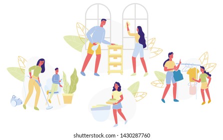 Set Home Cleaning with Help Whole Family Flat. Family Cares about Cleanliness Apartment. Mom Vacuum Son Polishes Plants. Mom Teaches Daughter to Lay Things Out. Husband and Wife Wash Windows.