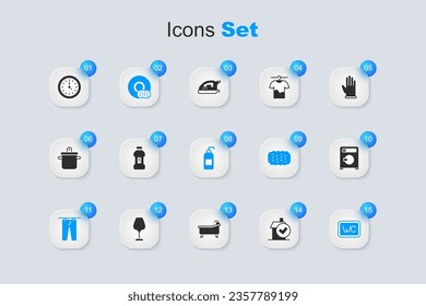Set Home cleaning service, Bottle for detergent, Washing dishes, Drying clothes, Toilet, Washer, Clock and Antibacterial soap icon. Vector