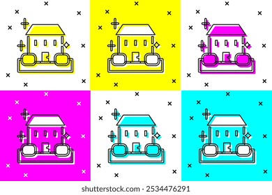 Icono de concepto de servicio de limpieza en el hogar aislado sobre fondo de color. Edificio y casa.  Vector