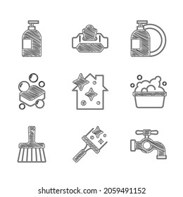 Set Home cleaning service, Rubber cleaner for windows, Water tap, Basin with soap suds, Handle broom, Bar of, Dishwashing liquid bottle and  icon. Vector