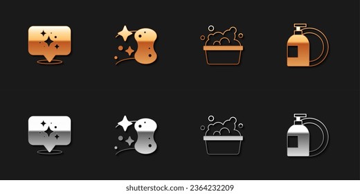 Set Home cleaning service, Sponge, Basin with soap suds and Dishwashing liquid bottle icon. Vector