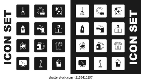 Set Home cleaning service, Water tap, Dishwashing liquid bottle, Handle broom, Hanger wardrobe, Washing dishes, Rubber gloves and Bar of soap icon. Vector