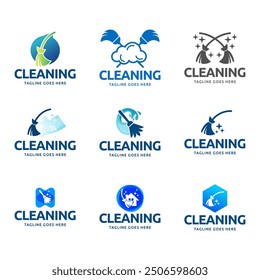 Conjunto de Vector de diseño de logotipo de servicios de limpieza del hogar. Diseño del logotipo de la escoba de limpieza.