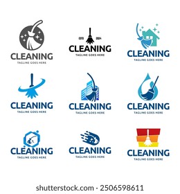 Conjunto de Vector de diseño de logotipo de servicios de limpieza del hogar. Diseño del logotipo de la escoba de limpieza.