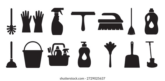 Conjunto de herramientas de limpieza para el hogar o artículos de diseño de silueta negro