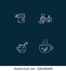 A set of home comfort icons. Scandinavian Danish style of Hugge. Aromatherapy I am with candles, a teapot, a jam cup, a book. Vector illustration