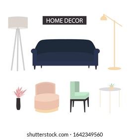 Set of home decor. Blue sofa, mint stool, pink chair, vase with flowers, coffee table, floor lamps. Flat vector illustration