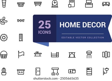 Set of home decor and decorations icon. Pixel perfect, minimalistic web and UI icon. Outline icons collection. Editable vector illustration.