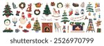 Set of home decor items for winter holidays. Vector stickers or clip arts. New year and Christmas home decorations. Traditional festive elements or cozy interior objects for house. Fir tree and toys.