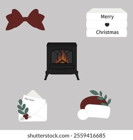 Set of home decor items for winter holidays. Vector stickers or clip arts. New year and Christmas home decorations. Traditional festive elements or cozy interior objects for house. Fir tree and toys.
