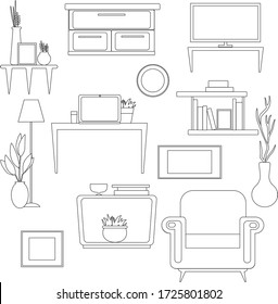 Set of home decoration. Depicted linearly, in black on a white background. Furniture catalog. Flat vector image.