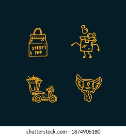 A set of Home Delivery icons. Vector logo with phone, takeaway food, delivery boxes and home. Linear food delivery icon. For the substrate for leaflet delivery products in the style of Doodle. Vector