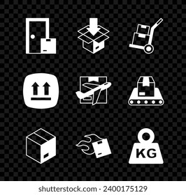 Set Home delivery services, Carton cardboard box, Hand truck and boxes, Weight, This side up and Plane icon. Vector