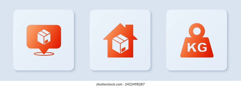 Set Home delivery services, Location with cardboard box and Weight. White square button. Vector