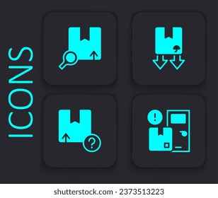 Set Home delivery services, Search package, Cardboard box with traffic symbol and Carton cardboard icon. Black square button. Vector