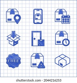 Set Home delivery services, Delivery security with shield, Carton cardboard box, Cardboard clock, rice tag Free, calendar and Location icon. Vector