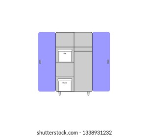 Set of home dressing room wardrobes. Wardrobe, mirror, dresser, nightstand, full closet with stacked & hanging clothes on hanger rack, jackets, woman bags, cardboard boxes. Flat vector illustration.