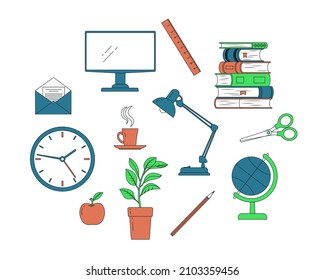 A set of home education objects. Color vector illustration, outline style. White isolated background.