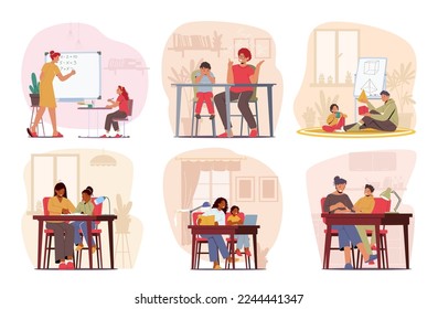 Set Home Education, Schooling Concept with Children and Tutors or Parents Learning Classes. Characters Sitting at Desk, Listening Lesson, Look on Blackboard. Cartoon People Vector Illustration