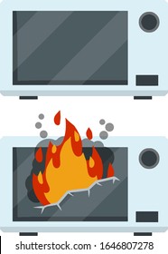 Set Of Home Electrical Appliances. Broken Microwave. Damaged Device. Cartoon Flat Illustration. Fire Safety.