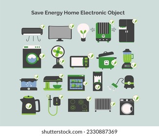 Set of home electronic energy saving devices illustration. Energy efficiency home and kitchen appliances icon. Eco-friendly home electronics.