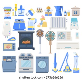 Set of home equipment. Collection of climate equipment, appliances for cleaning the house and cooking. Set of electrical appliances for a comfortable home.Сozy home.Vector illustration in flat style